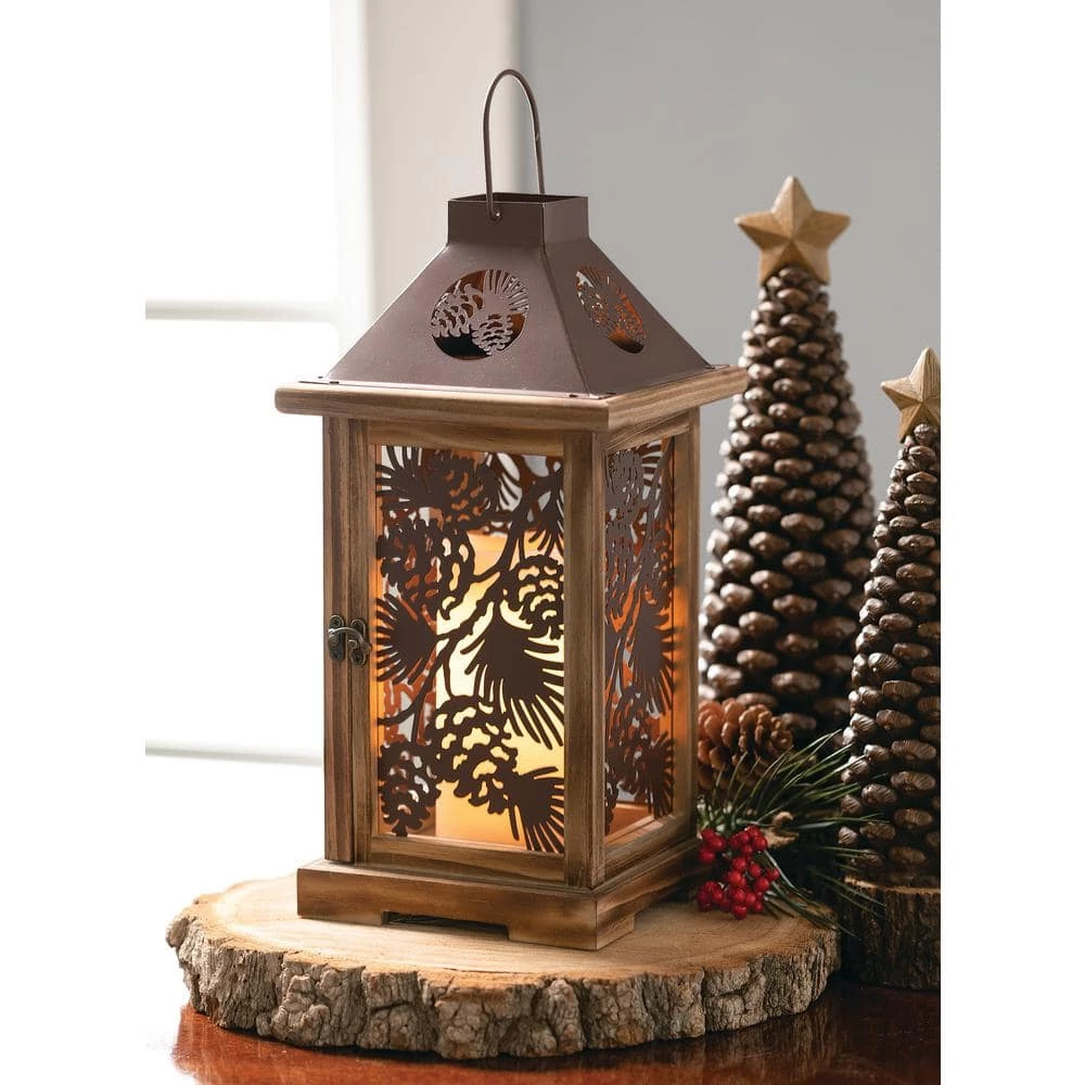 SULLIVANS Brown Metal and Wood Pinecone Lantern