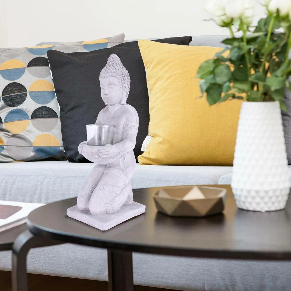 KANTE 12.8 in. H Gray Cement Buddha Tealight Candle Holder Garden Statue Ornament - Image 4