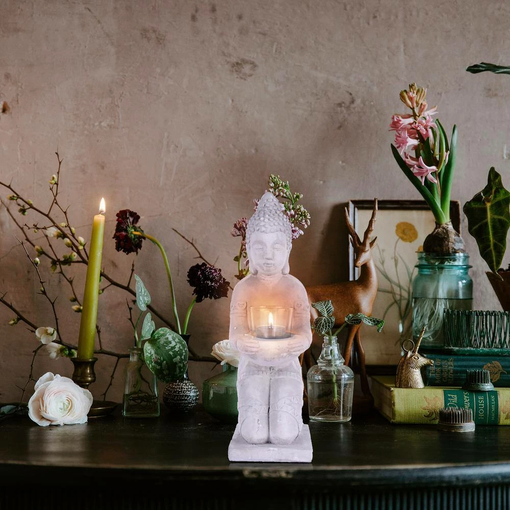 KANTE 12.8 in. H Gray Cement Buddha Tealight Candle Holder Garden Statue Ornament - Image 3