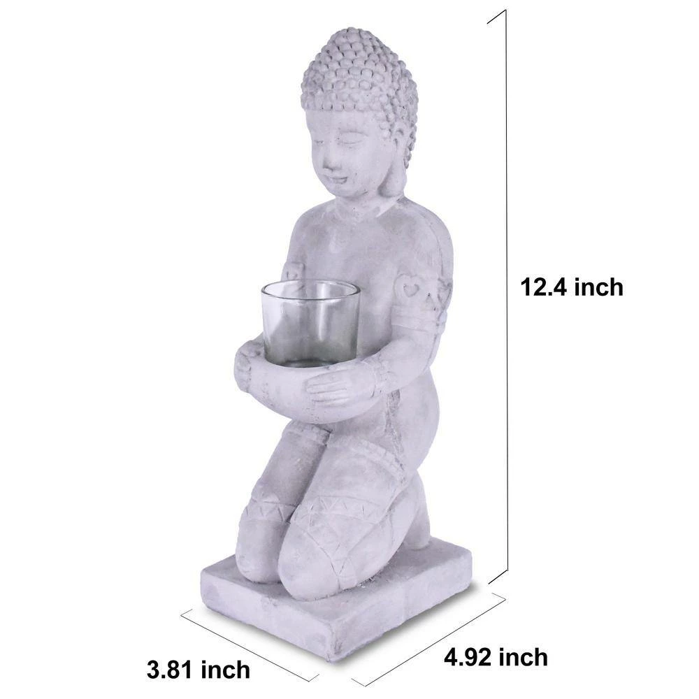 KANTE 12.8 in. H Gray Cement Buddha Garden Statue Tealight Candle Holder Ornament - Image 2