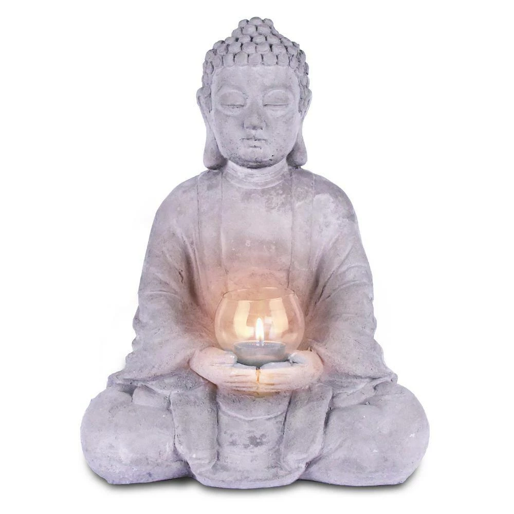 KANTE 14.17 in. H Gray Cement Meditating Buddha Garden Statue Tealight Candle Holder Ornament - Image 4
