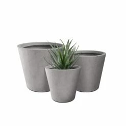 KANTE Large, Medium, Small Round Natural Finish Lightweight Concrete and Weather Resistant Fiberglass Planters (Set of 3)