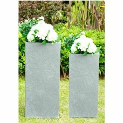 KANTE 28 in. and 24 in. H Square Slate Gray Concrete/Fiberglass Indoor Outdoor Modern Seamless Tall Planters (Set of 2)