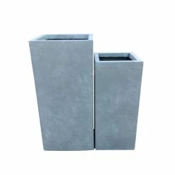 KANTE 19 in. and 16 in. Tall Slate Gray Lightweight Concrete Tall Square Outdoor Planters, Large and Medium (Set of 2)